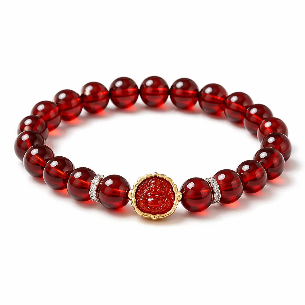 Pomegranate Red Bead Bracelet — Guardian Buddha Charm, Pure Red Tibet Art