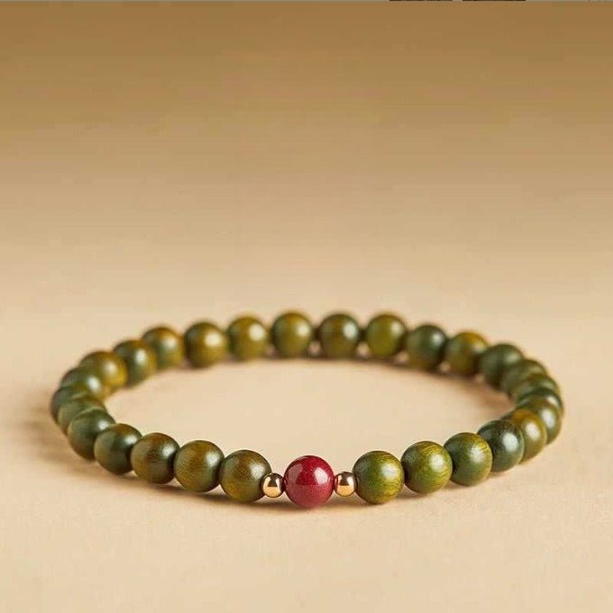 Green Sandalwood Mala Bracelet with Cinnabar & Agate — Natural Wood Beads for Grounding & Intention Tibet Art