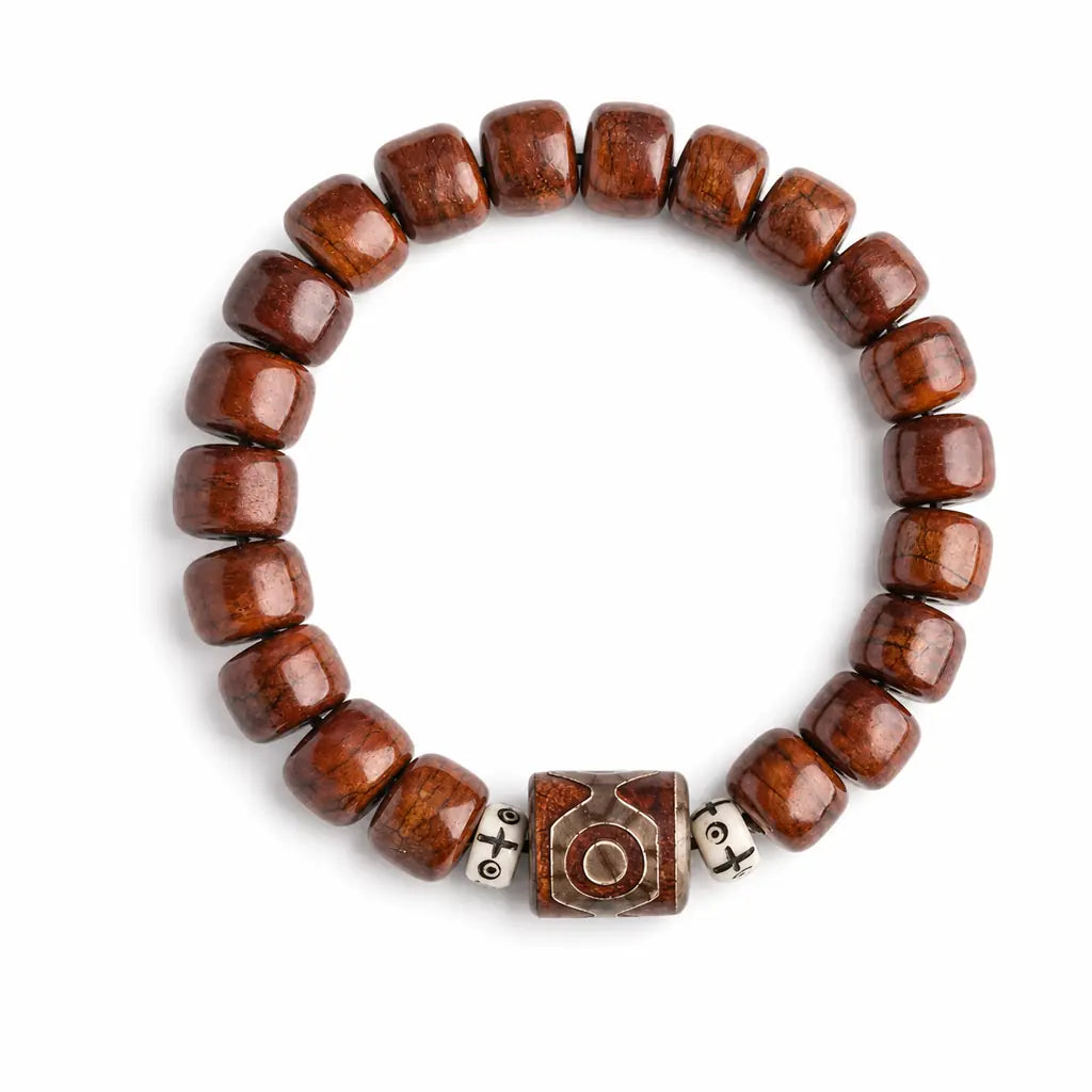 Tibet Art Yak Bone Talisman Bracelet - Dzi, Tiger Eye & Dragon Tibet Art