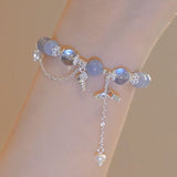 Aquamarine Shell Fishtail Tassel Bracelet — Natural Stone Beads with Gold-Plated Accent Tibet Art