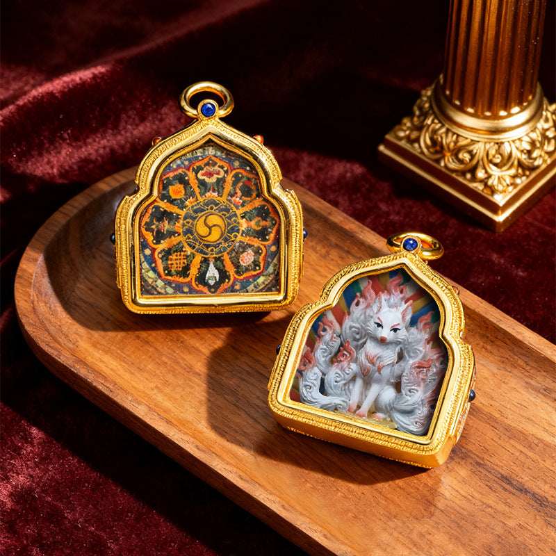 Tibetan Thangka Deity Pendant — Hand-Painted Tsa-Tsa Amulet, Wealth & Protection Figures Tibet Art
