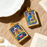 Tibetan Thangka Tsa-Tsa Pendant — Hand-Painted Deity Amulet in Gold-Plated Frame Tibet Art