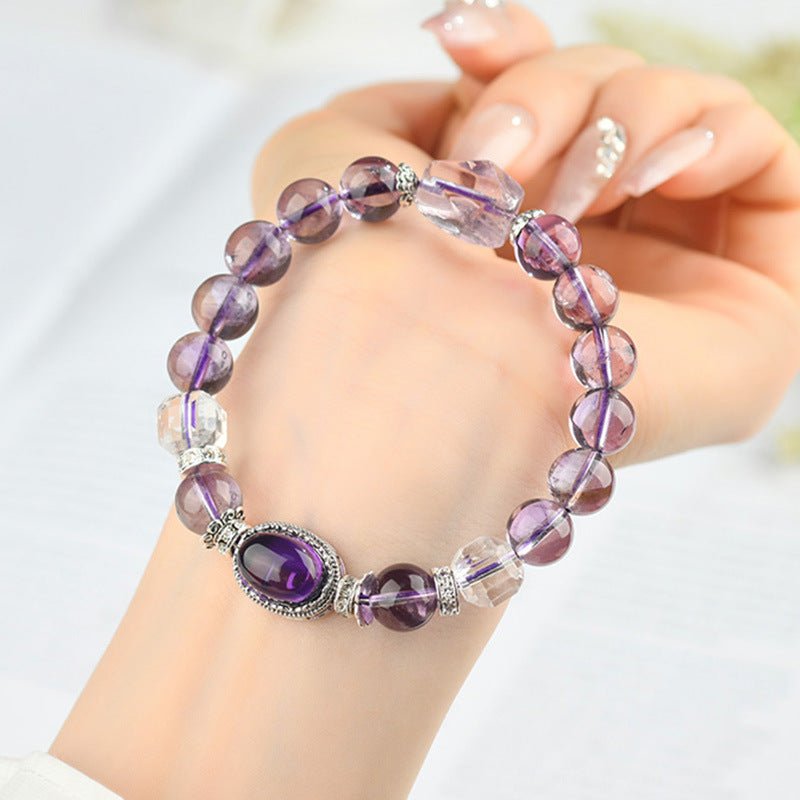 Amethyst Tower Crystal Bracelet — Natural Point Cut with Geometric Box Charm Tibet Art