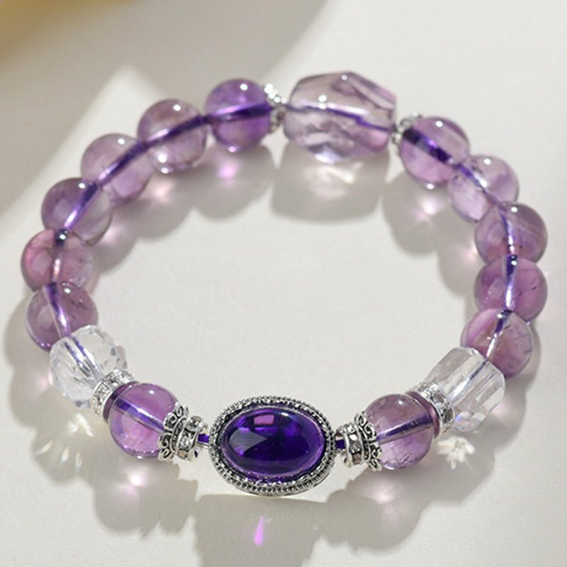 Amethyst Tower Crystal Bracelet — Natural Point Cut with Geometric Box Charm Tibet Art