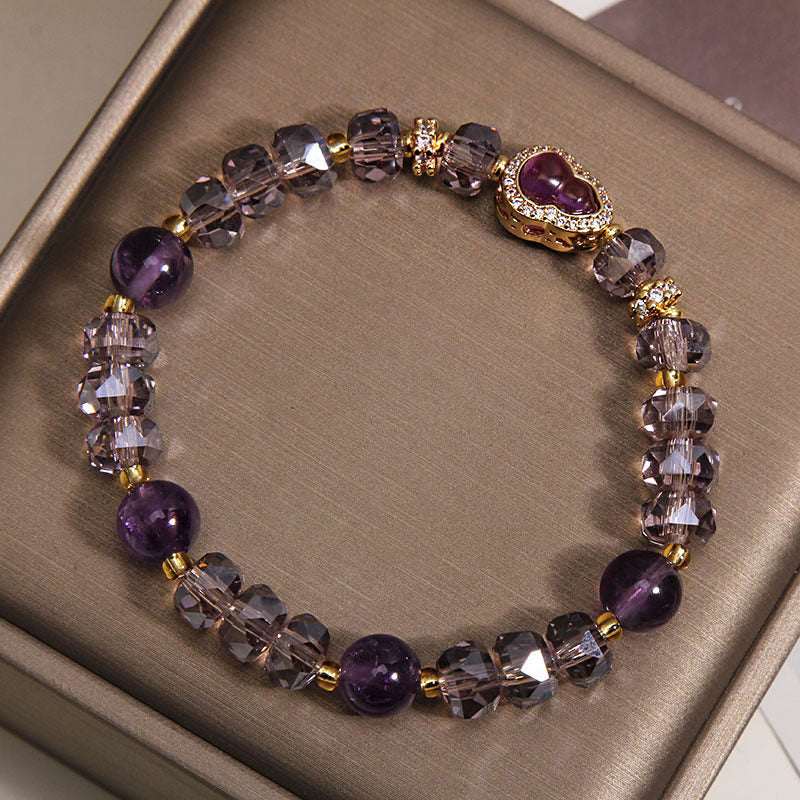 Amethyst Gourd Bracelet with Micro-Inlaid Charm — Crystal Bead Stack for Prosperity & Protection Tibet Art