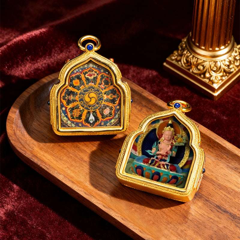 Tibetan Thangka Deity Pendant — Hand-Painted Tsa-Tsa Amulet, Wealth & Protection Figures Tibet Art