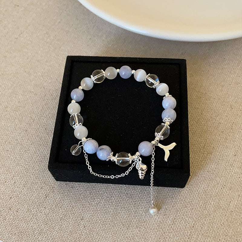Aquamarine Shell Fishtail Tassel Bracelet — Natural Stone Beads with Gold-Plated Accent Tibet Art