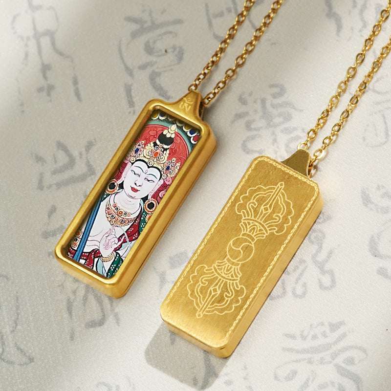 Tibetan Hand-Painted Thangka Pendant — Titanium Steel Frame with Chain, 14 Designs Tibet Art