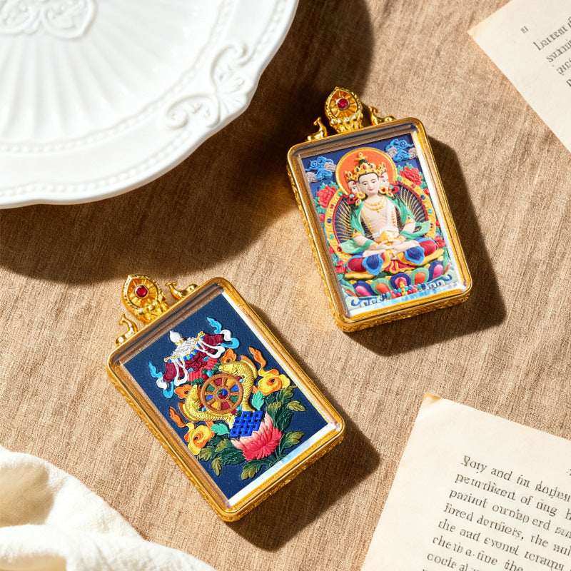 Tibetan Thangka Tsa-Tsa Pendant — Hand-Painted Deity Amulet in Gold-Plated Frame Tibet Art