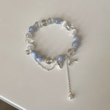 Aquamarine Shell Fishtail Tassel Bracelet — Natural Stone Beads with Gold-Plated Accent Tibet Art