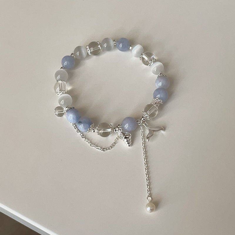 Aquamarine Shell Fishtail Tassel Bracelet — Natural Stone Beads with Gold-Plated Accent Tibet Art