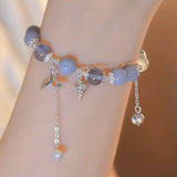 Aquamarine Shell Fishtail Tassel Bracelet — Natural Stone Beads with Gold-Plated Accent Tibet Art