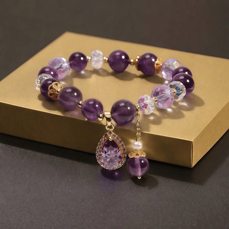 Purple Water Drop Pendant Bracelet — Amethyst Color Crystal Charm Bangle Tibet Art