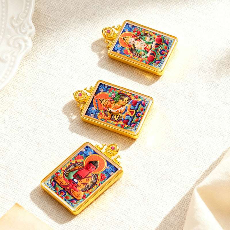 Tibetan Thangka Tsa-Tsa Pendant — Hand-Painted Deity Amulet in Gold-Plated Frame Tibet Art