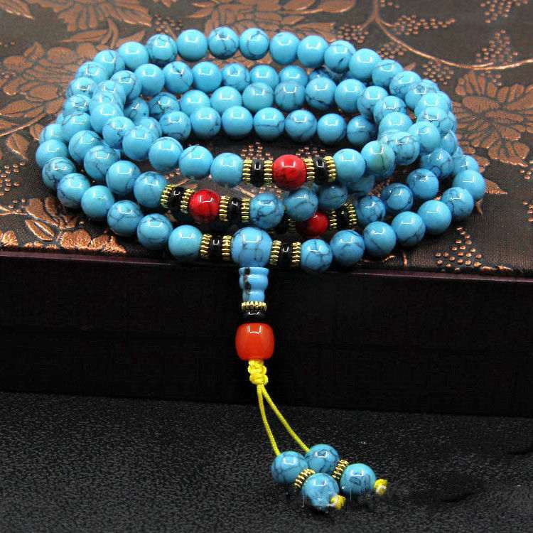 Turquoise 108-Bead Mala Bracelet — Natural Stone Prayer Beads in Green & Blue Turquoise Tibet Art