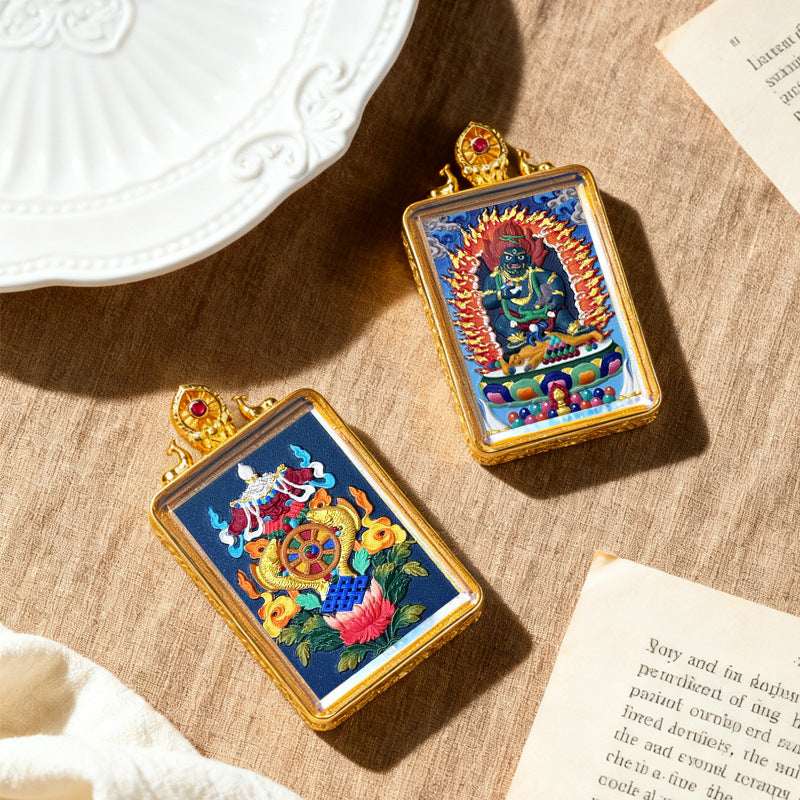 Tibetan Thangka Tsa-Tsa Pendant — Hand-Painted Deity Amulet in Gold-Plated Frame Tibet Art