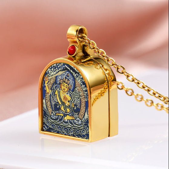 Tibetan Ghau Locket Necklace — Opening Shrine Pendant with Thangka Deity Art Tibet Art