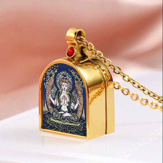 Tibetan Ghau Locket Necklace — Opening Shrine Pendant with Thangka Deity Art Tibet Art