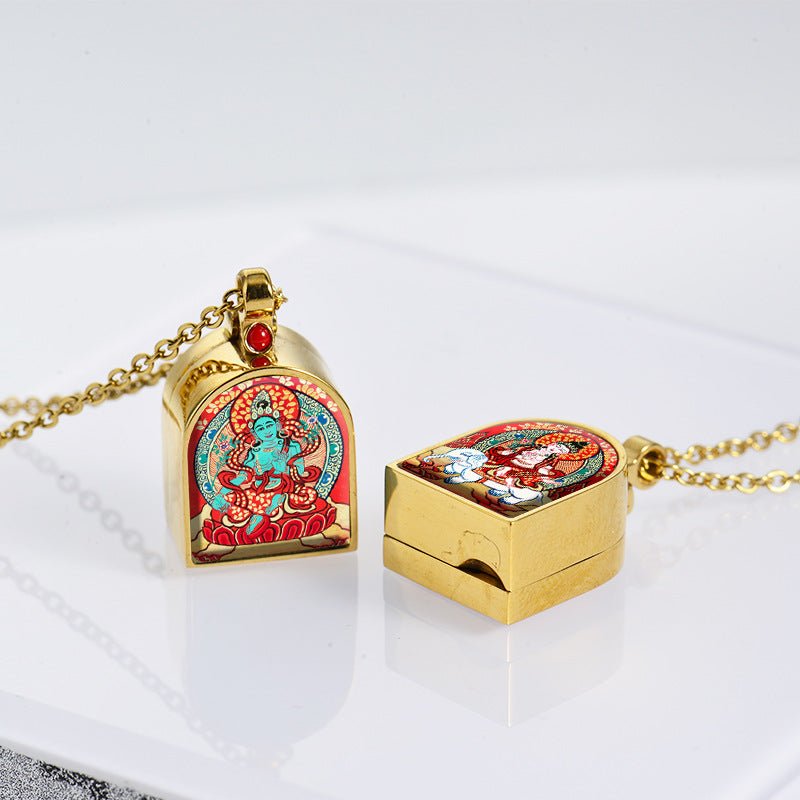 Tibetan Ghau Locket Necklace — Opening Shrine Pendant with Thangka Deity Art Tibet Art