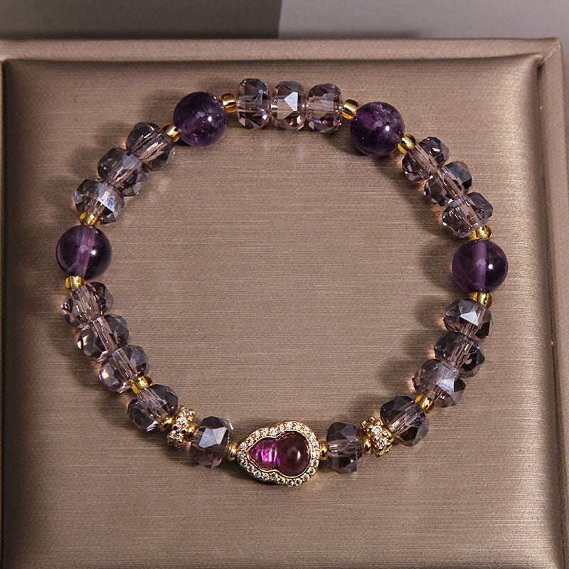 Amethyst Gourd Bracelet with Micro-Inlaid Charm — Crystal Bead Stack for Prosperity & Protection Tibet Art