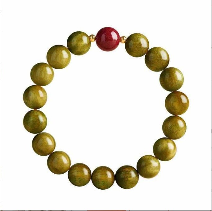 Green Sandalwood Mala Bracelet with Cinnabar & Agate — Natural Wood Beads for Grounding & Intention Tibet Art
