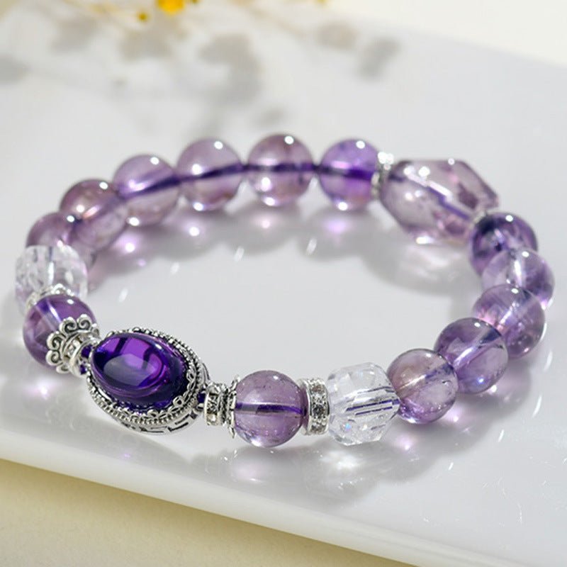 Amethyst Tower Crystal Bracelet — Natural Point Cut with Geometric Box Charm Tibet Art
