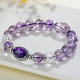 Amethyst Tower Crystal Bracelet — Natural Point Cut with Geometric Box Charm Tibet Art