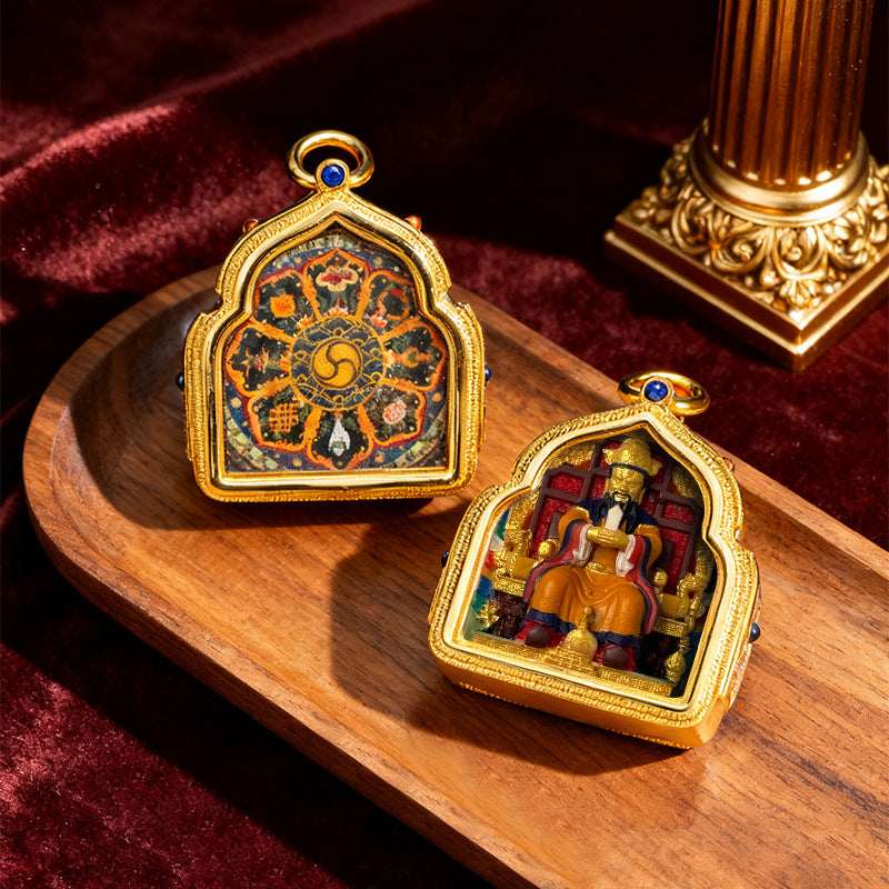Tibetan Thangka Deity Pendant — Hand-Painted Tsa-Tsa Amulet, Wealth & Protection Figures Tibet Art