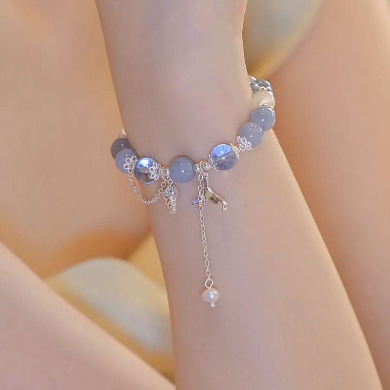 Aquamarine Shell Fishtail Tassel Bracelet — Natural Stone Beads with Gold-Plated Accent Tibet Art