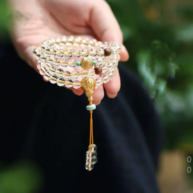 Yellow Jambhala 108-Bead White Crystal Mala Bracelet — Clear Quartz & Sandalwood for Wealth Practice Tibet Art