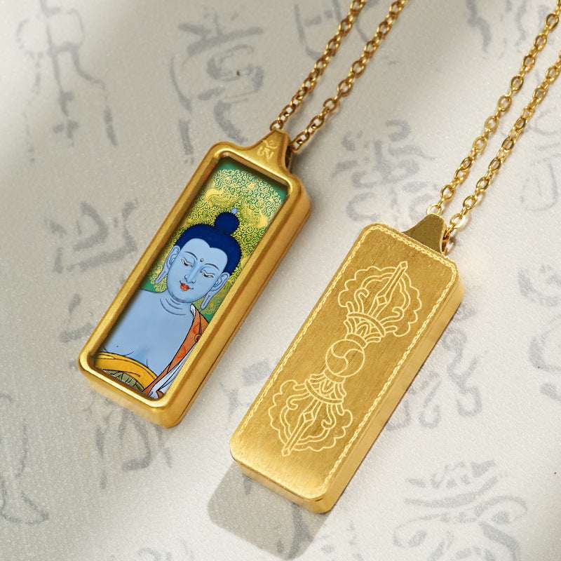 Tibetan Hand-Painted Thangka Pendant — Titanium Steel Frame with Chain, 14 Designs Tibet Art