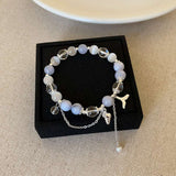 Aquamarine Shell Fishtail Tassel Bracelet — Natural Stone Beads with Gold-Plated Accent Tibet Art