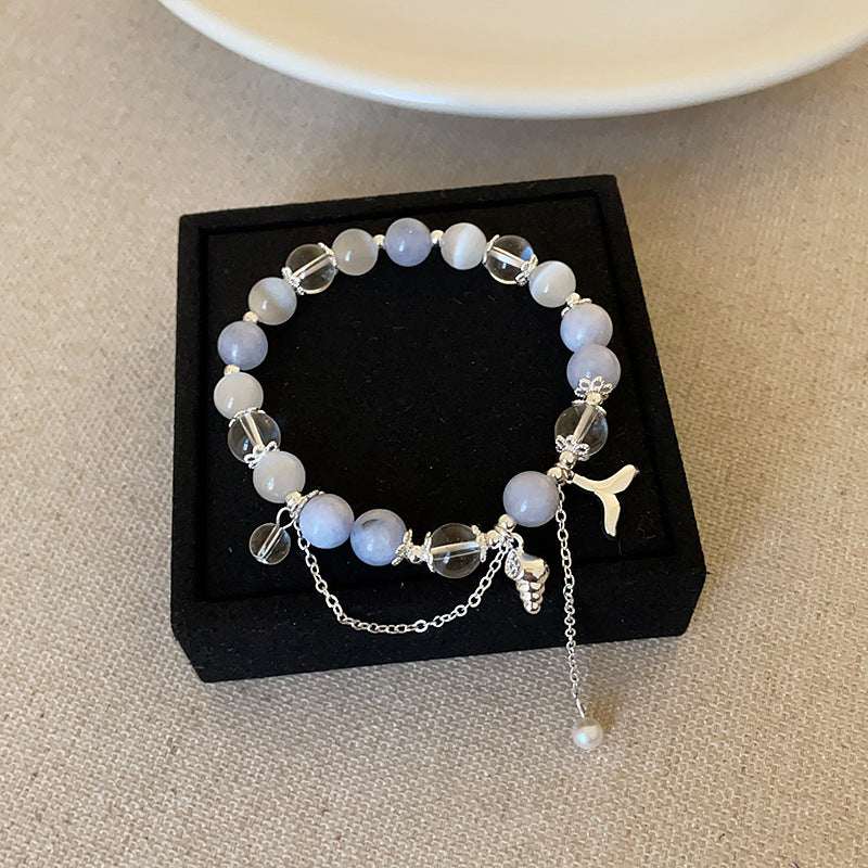 Aquamarine Shell Fishtail Tassel Bracelet — Natural Stone Beads with Gold-Plated Accent Tibet Art