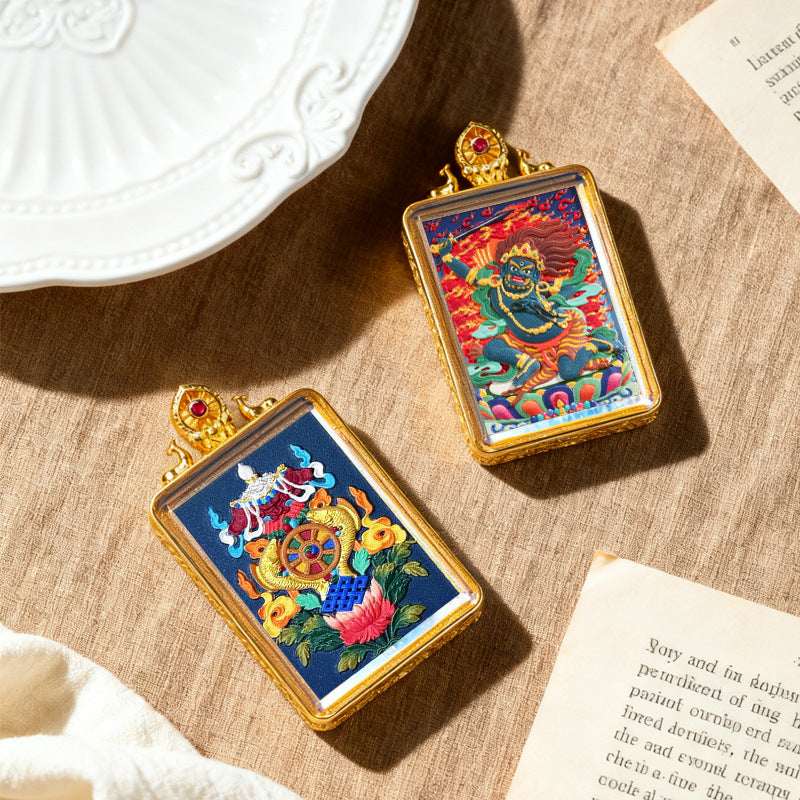Tibetan Thangka Tsa-Tsa Pendant — Hand-Painted Deity Amulet in Gold-Plated Frame Tibet Art