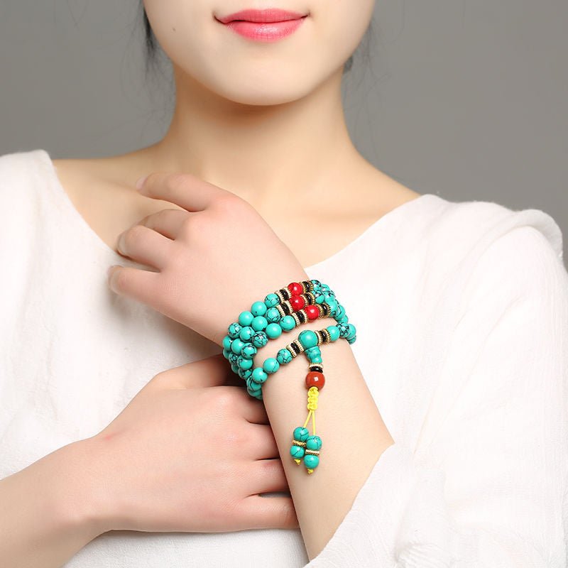 Turquoise 108-Bead Mala Bracelet — Natural Stone Prayer Beads in Green & Blue Turquoise Tibet Art
