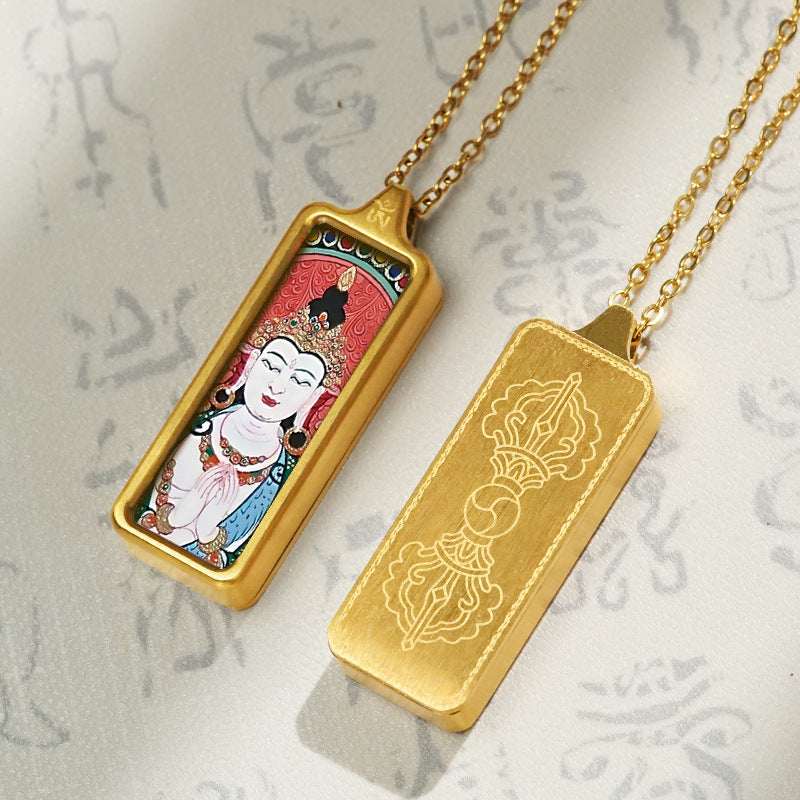 Tibetan Hand-Painted Thangka Pendant — Titanium Steel Frame with Chain, 14 Designs Tibet Art