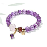 Amethyst Bead Bracelet with Stone Pendant — Rose Quartz Flower or Strawberry Quartz Charm Tibet Art