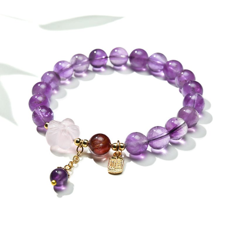 Amethyst Bead Bracelet with Stone Pendant — Rose Quartz Flower or Strawberry Quartz Charm Tibet Art