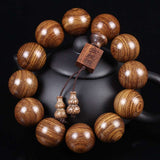 Golden Silk Sandalwood Mala Bracelet — Natural Wood Beads with Carved Blessing Pendant Tibet Art