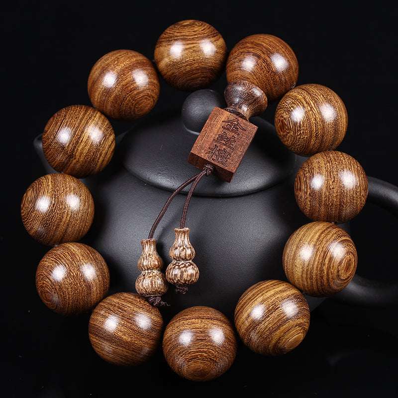 Golden Silk Sandalwood Mala Bracelet — Natural Wood Beads with Carved Blessing Pendant Tibet Art
