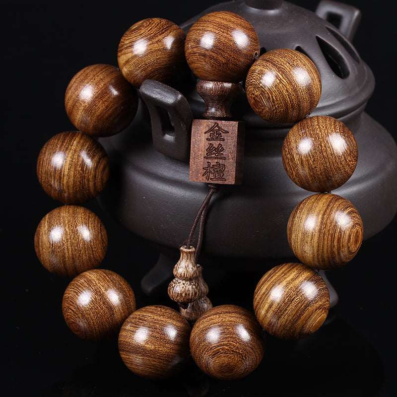 Golden Silk Sandalwood Mala Bracelet — Natural Wood Beads with Carved Blessing Pendant Tibet Art