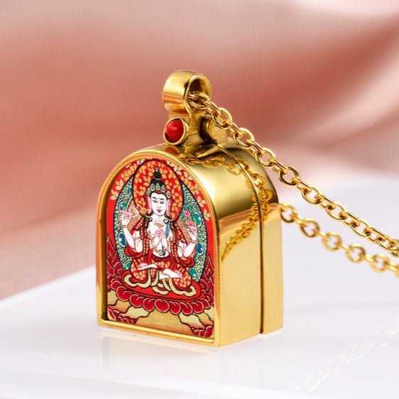 Tibetan Ghau Locket Necklace — Opening Shrine Pendant with Thangka Deity Art Tibet Art