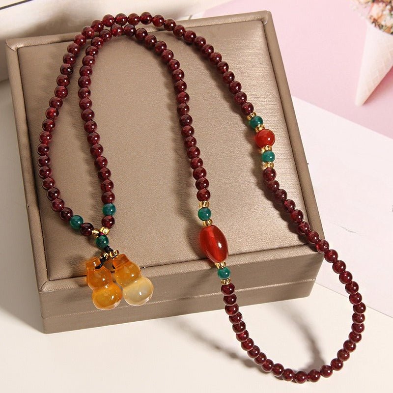 Natural Garnet Crystal Multi - Layer Bracelet — with Double Gourd or Peace Apple Charm - Garnet with Double Gourd CharmTibet Art