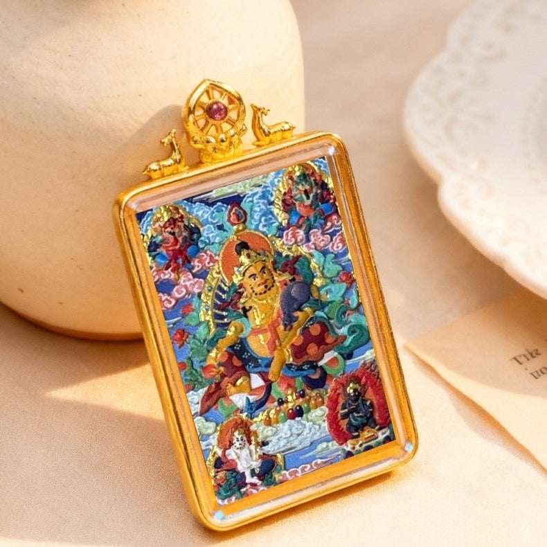 Tibetan Thangka Tsa-Tsa Pendant — Hand-Painted Deity Amulet in Gold-Plated Frame Tibet Art