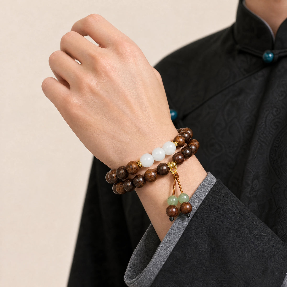 black-rosewood-gold-tassel-wrist-mala-model-a-outfit-a-fashion-01