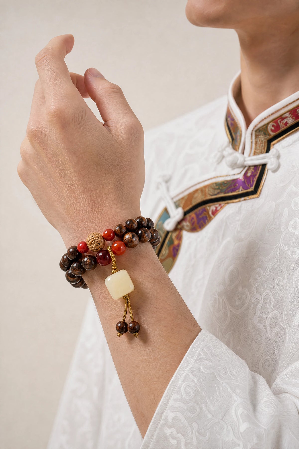 black-rosewood-vajra-double-wrap-mala-bracelet-model-a-outfit-a-fashion-01