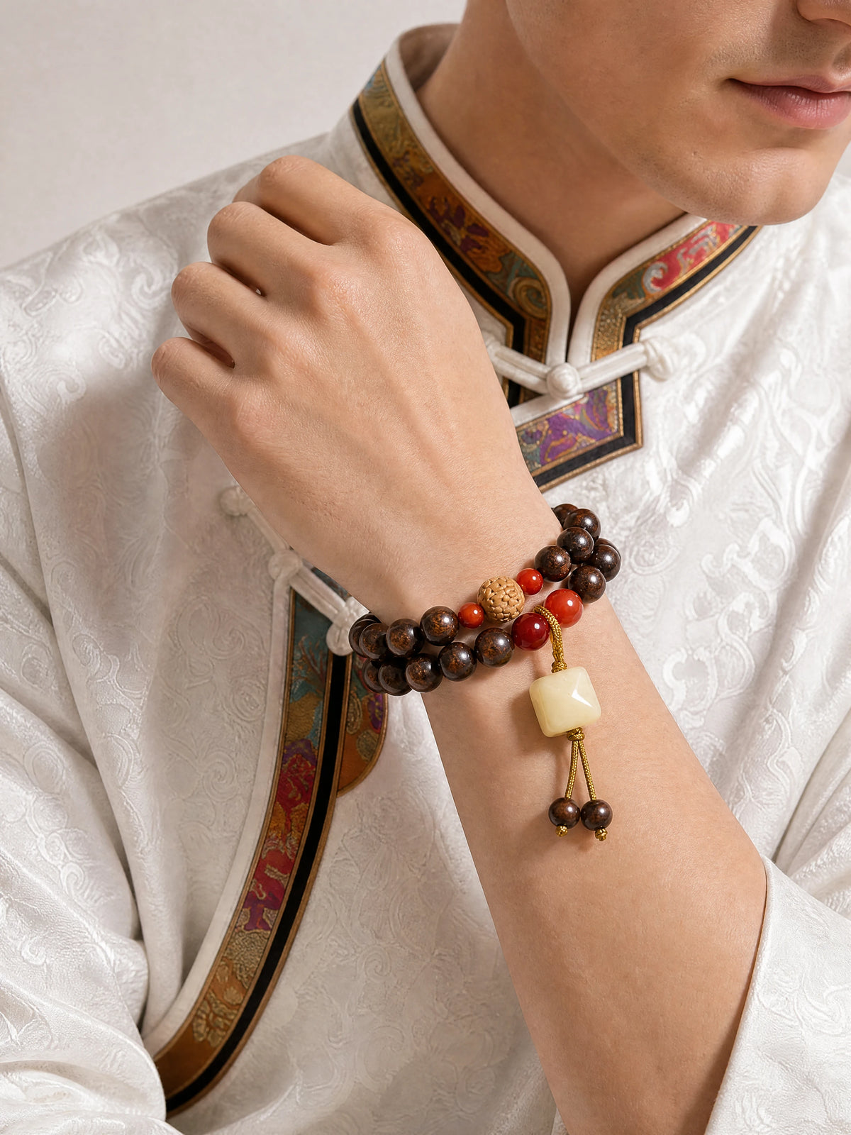 black-rosewood-vajra-double-wrap-mala-bracelet-model-a-outfit-a-fashion-02