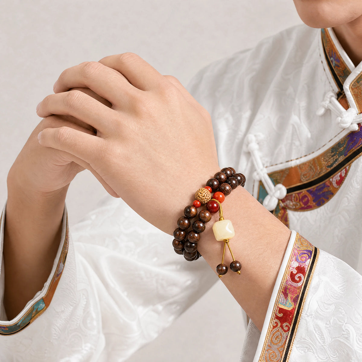 black-rosewood-vajra-double-wrap-mala-bracelet-model-a-outfit-a-fashion-03