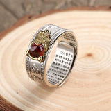 Pixiu Ring with Heart Sutra Engraving — Garnet Inset Wealth Ring in Silver & Gold Tone - Pixiu Great Wall — All SilverTibet Art