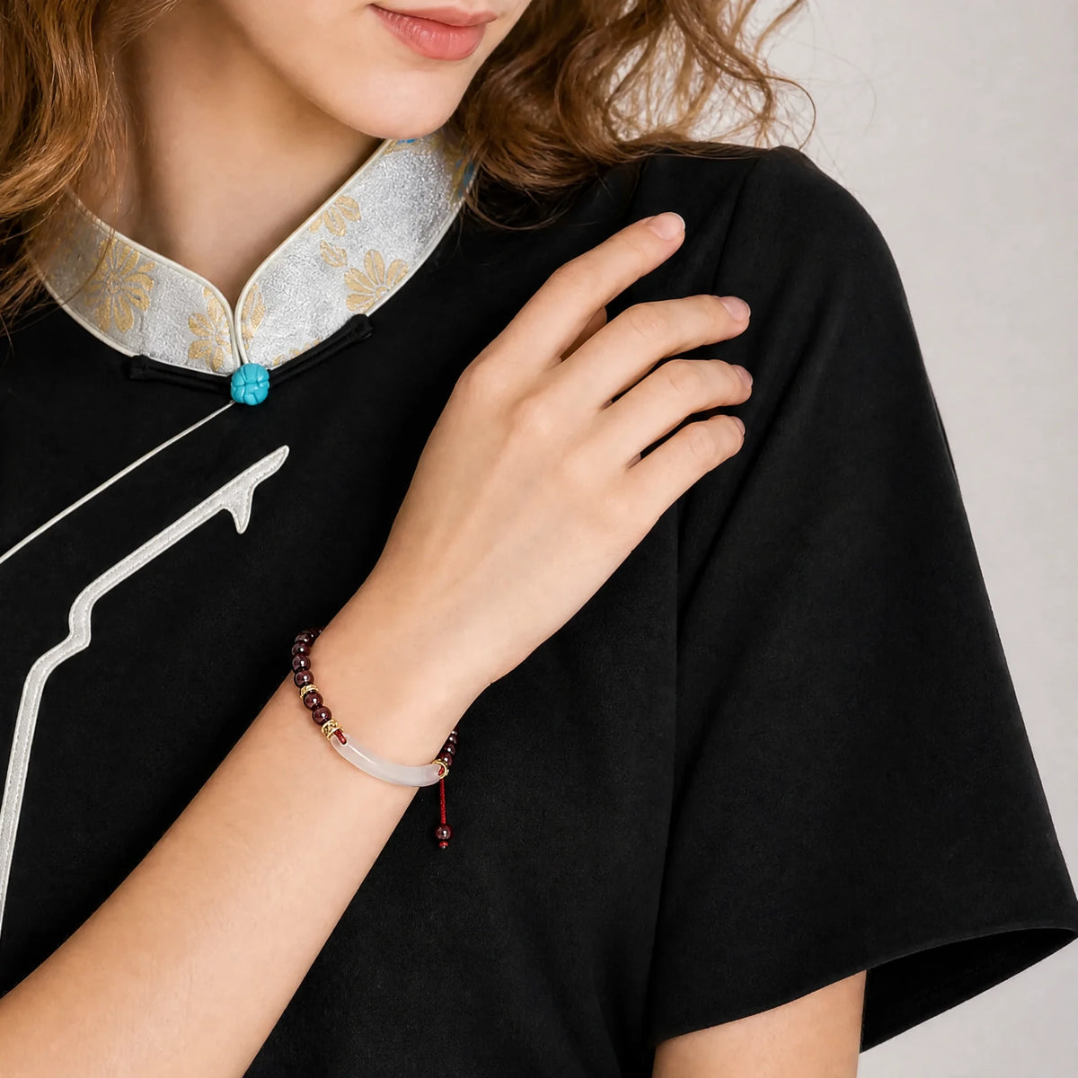 chalcedony-half-bangle-garnet-bracelet-model-b-outfit-b-fashion-03